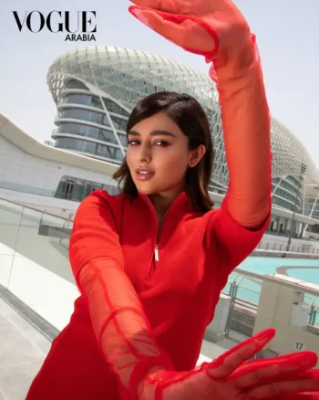 Eleen Su, the beauty and fashion influencer, wearing all red for her Vogue Arabia photoshoot