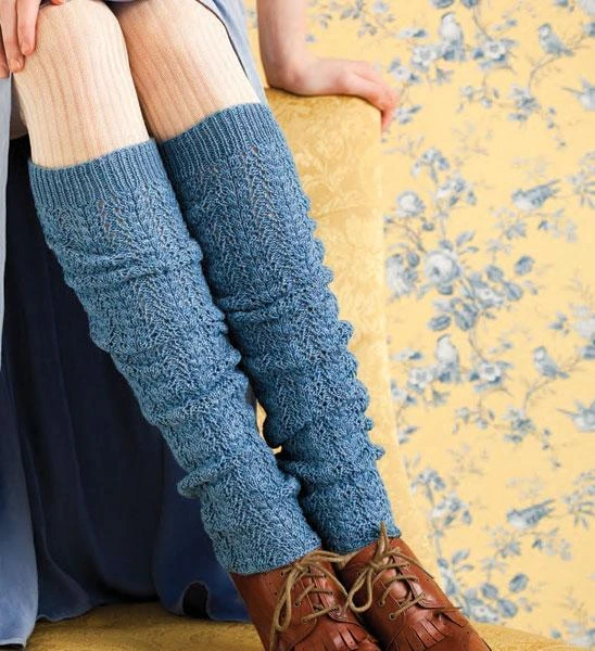 Blue sweater-knit leg warmer with brown boots